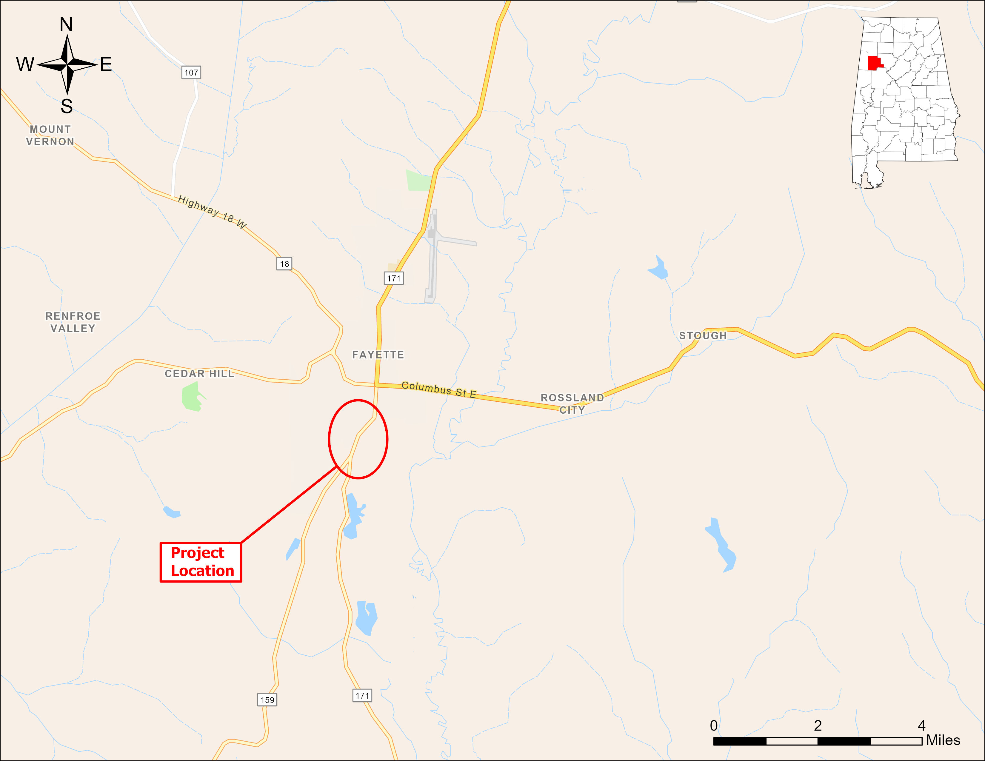 A map showing the location of the proposed roundabout. The project is located along AL-171 in south Fayette County.