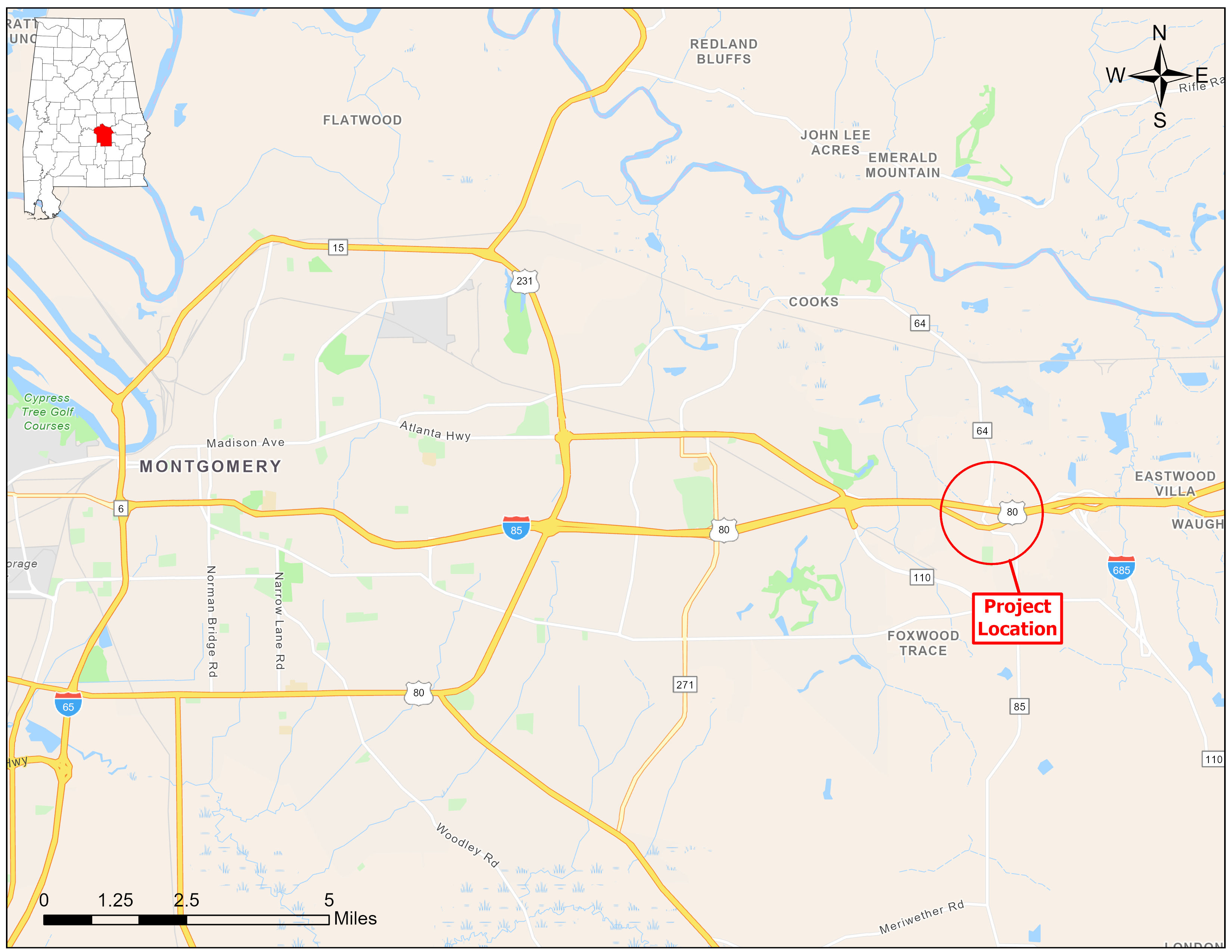 Map showing the proposed project location along AL-126 east of Montgomery in Pike Road.