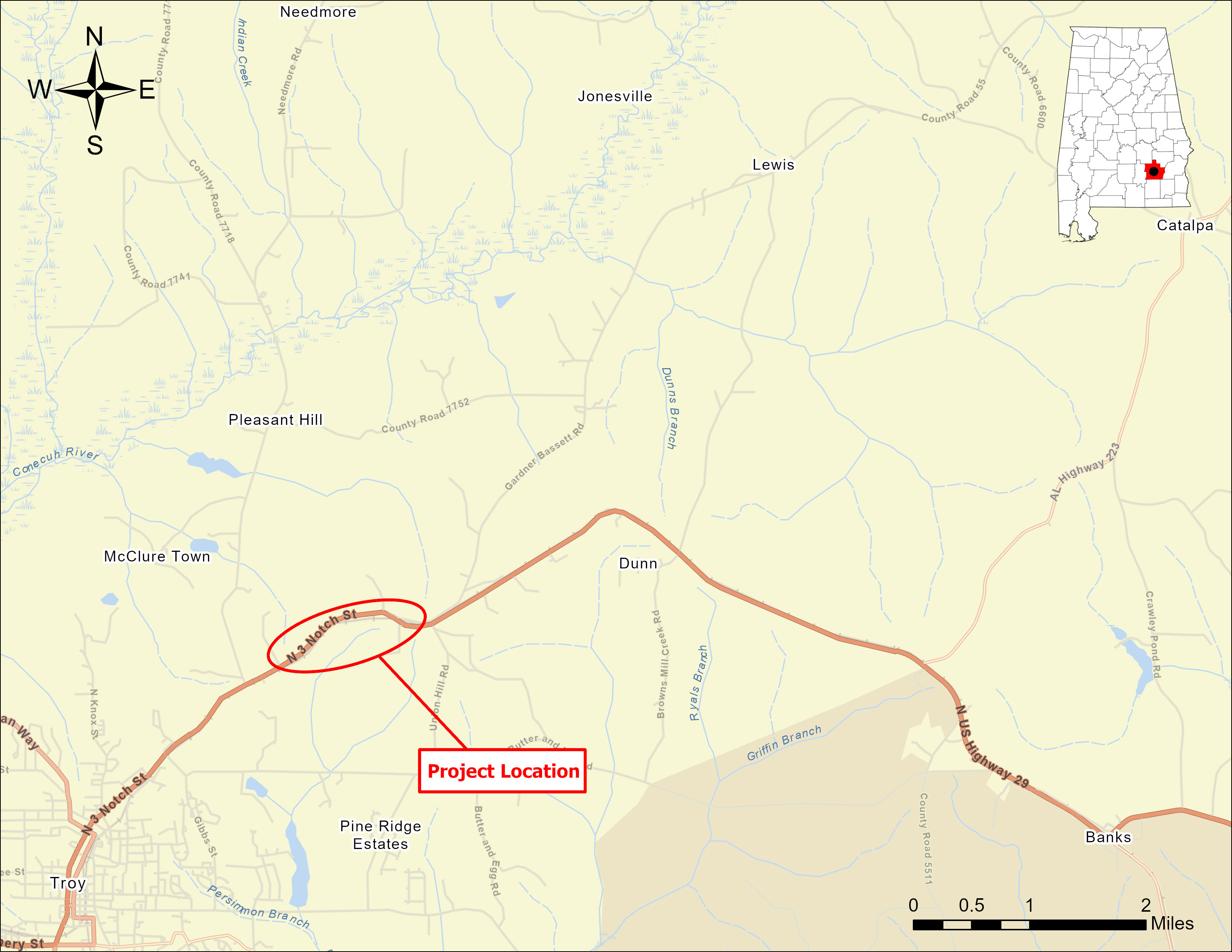 Map showing the proposed project location on US-29 near Troy, Alabama.