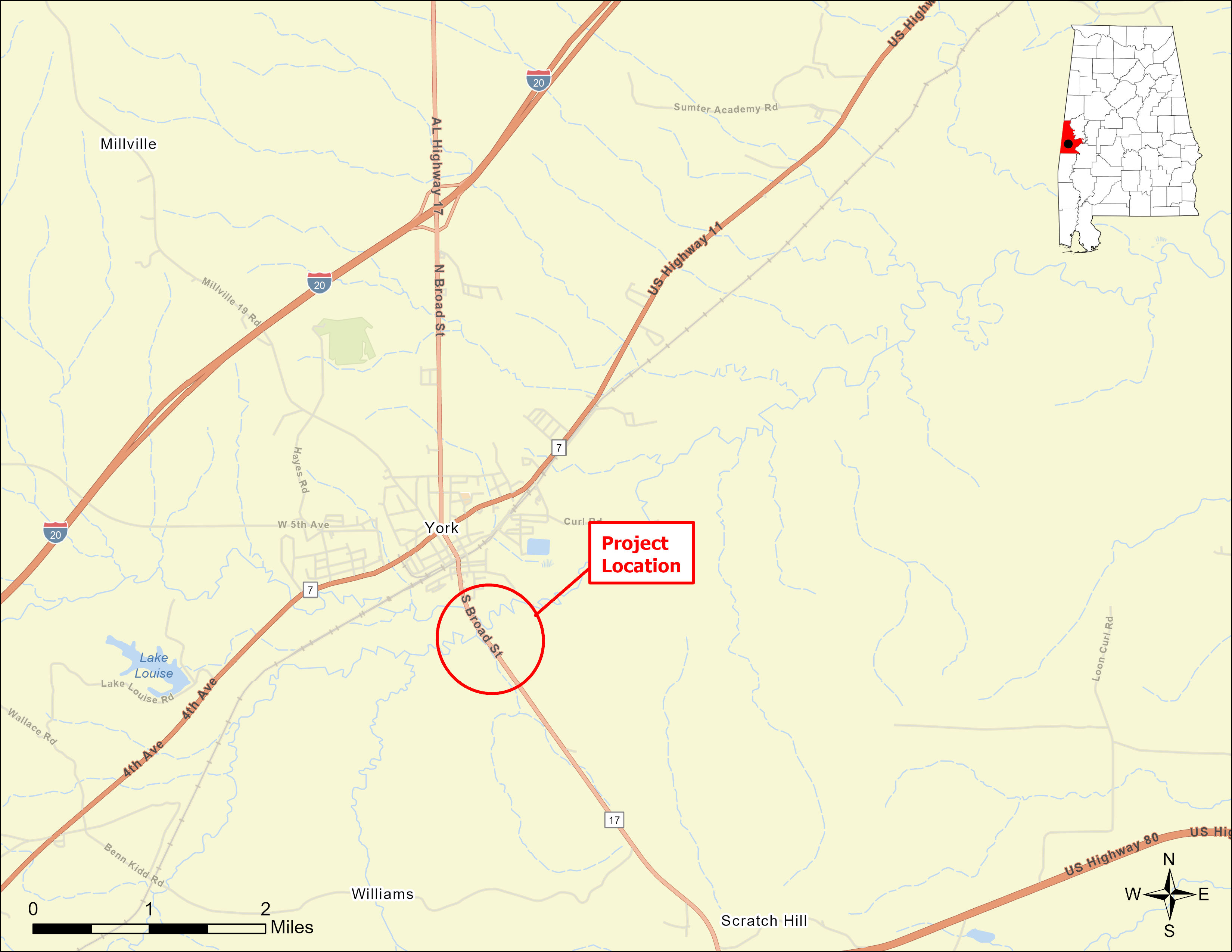 This display is a project location map for the bridge located on AL-17 over Alamuchee and Toomsuba Creek. 