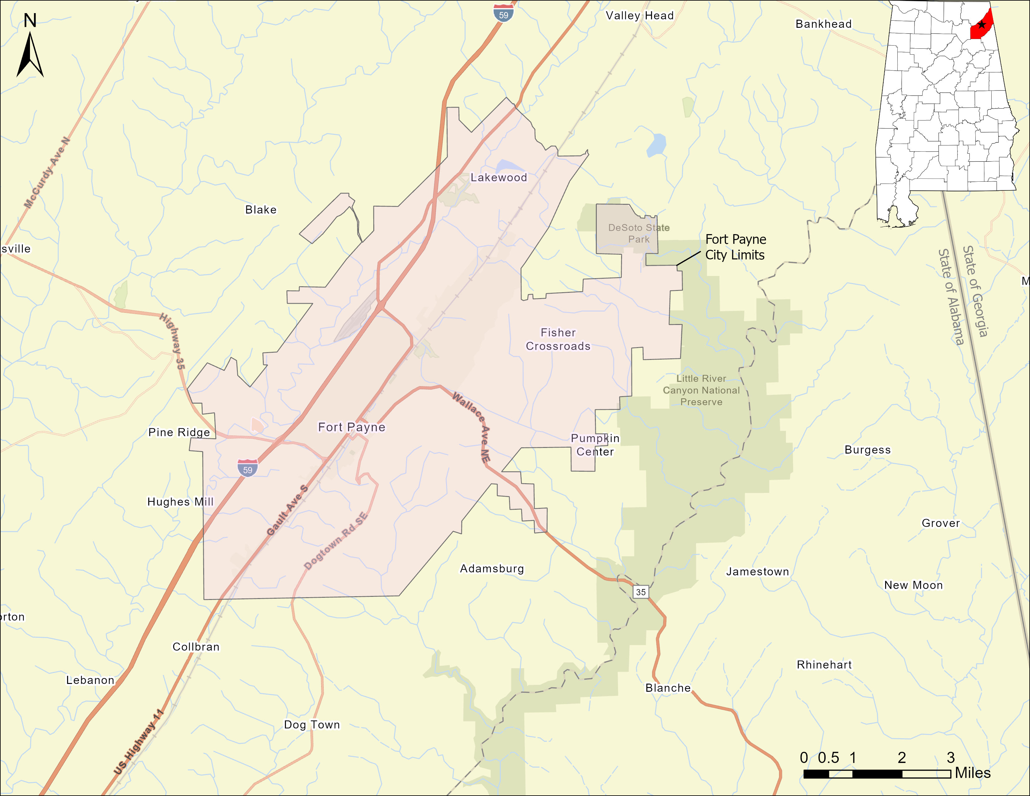 The image is showing a map of the City of Fort Payne. Improvements in the City of Fort Payne have been the focus of the planning study. 