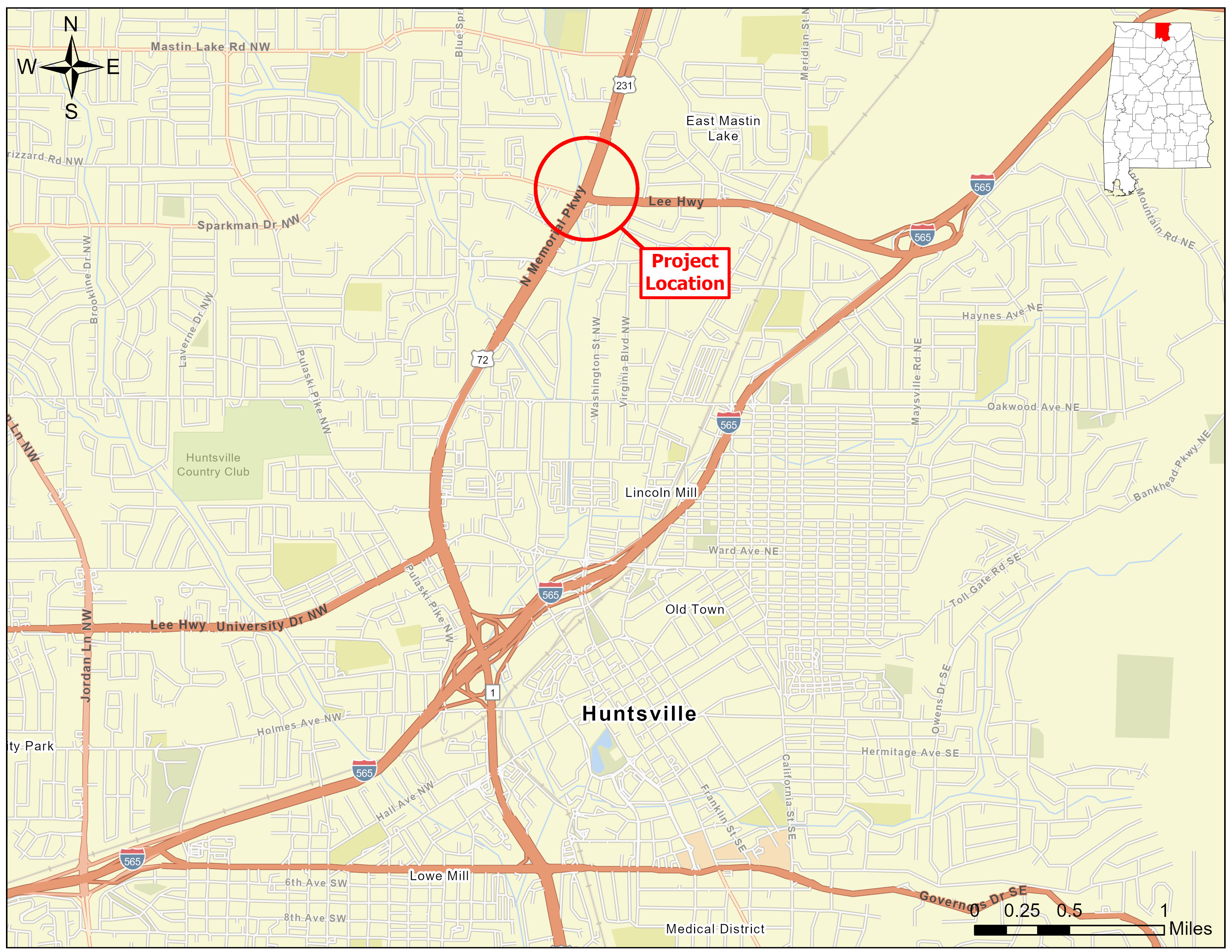 Map showing the proposed project on Sparkman Drive north of the City of Huntsville.