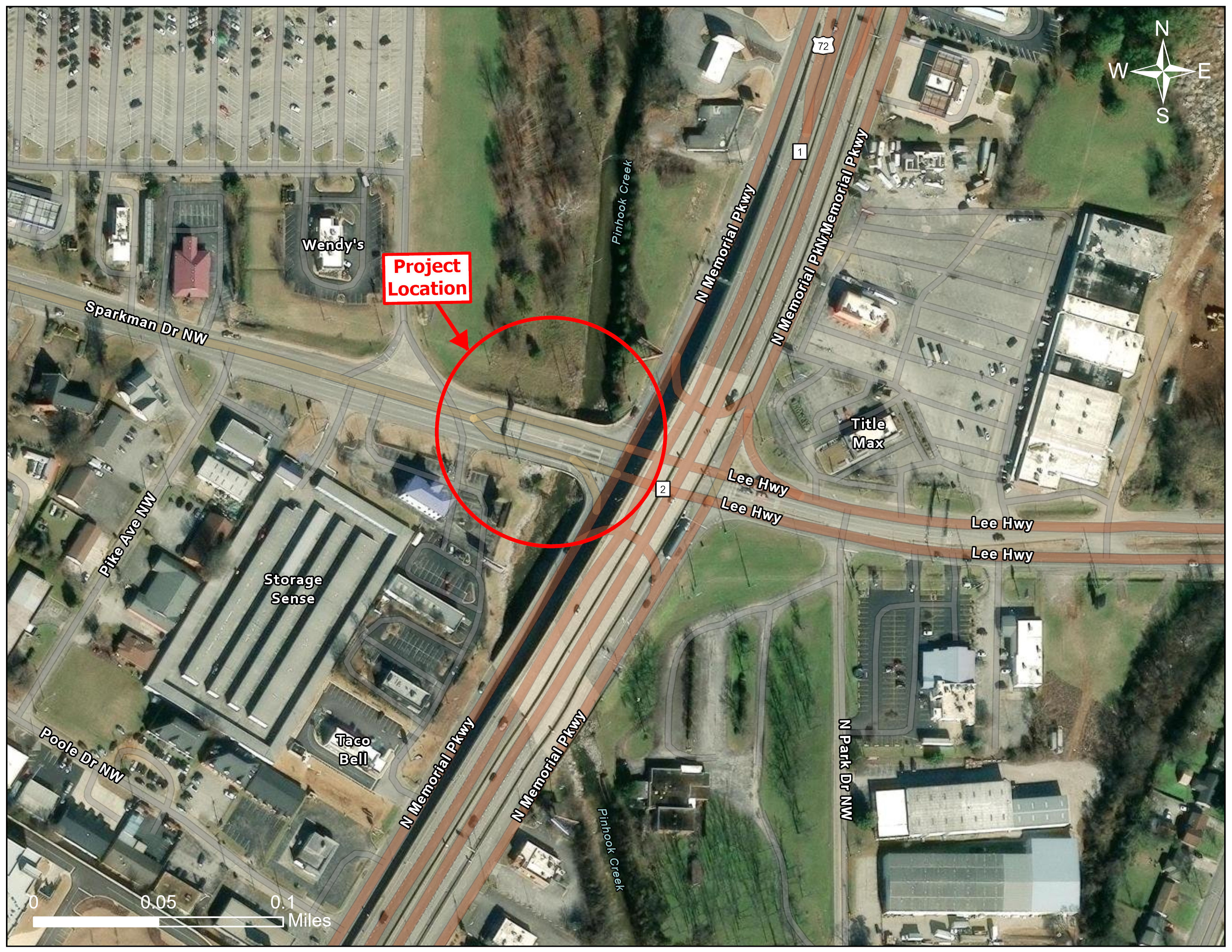 Aerial map showing the proposed project on Sparkman Drive over Pinhook Creek.