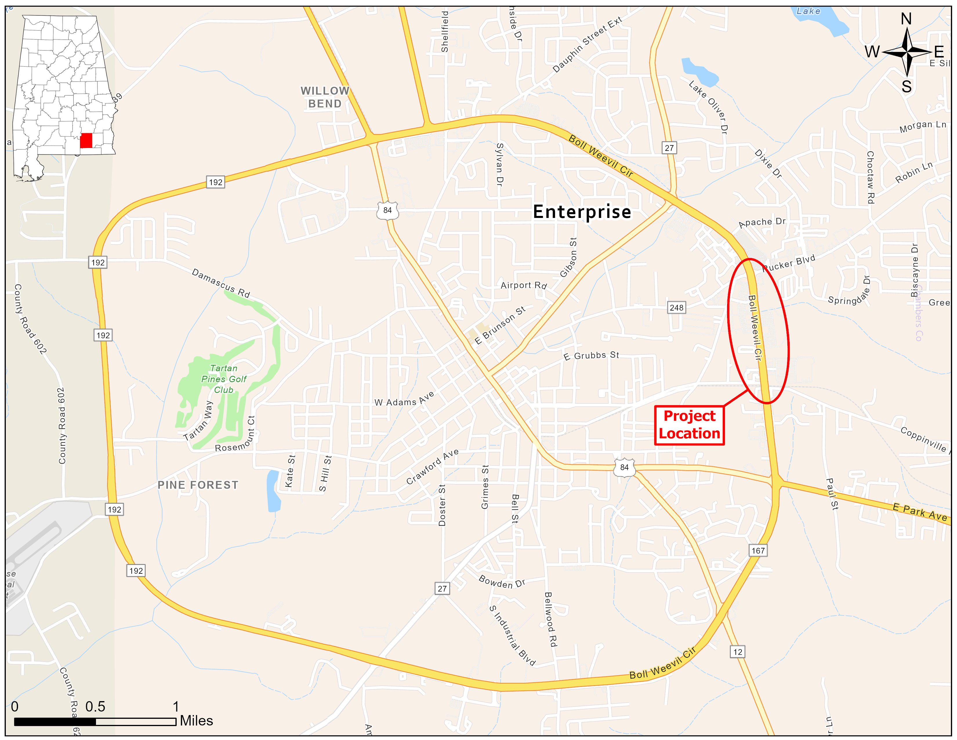 Map showing the location of the proposed project in Enterprise, Alabama.  The project runs along AL-12 from its intersection with AL-248 to its intersection with Coppinville Drive. 