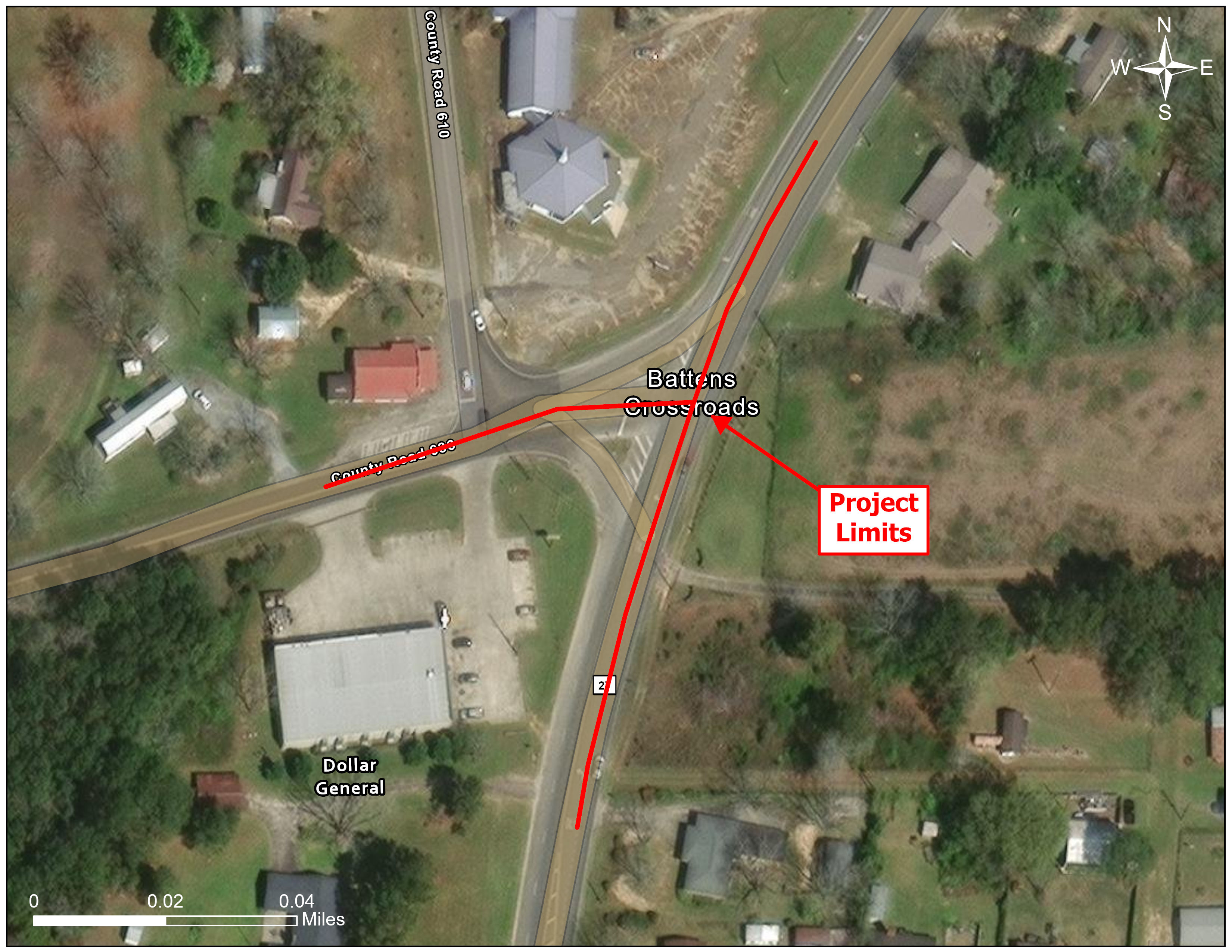 Aerial map showing a closer view of the project limits at the intersection of AL-27 and CR-636 with a red line and text.