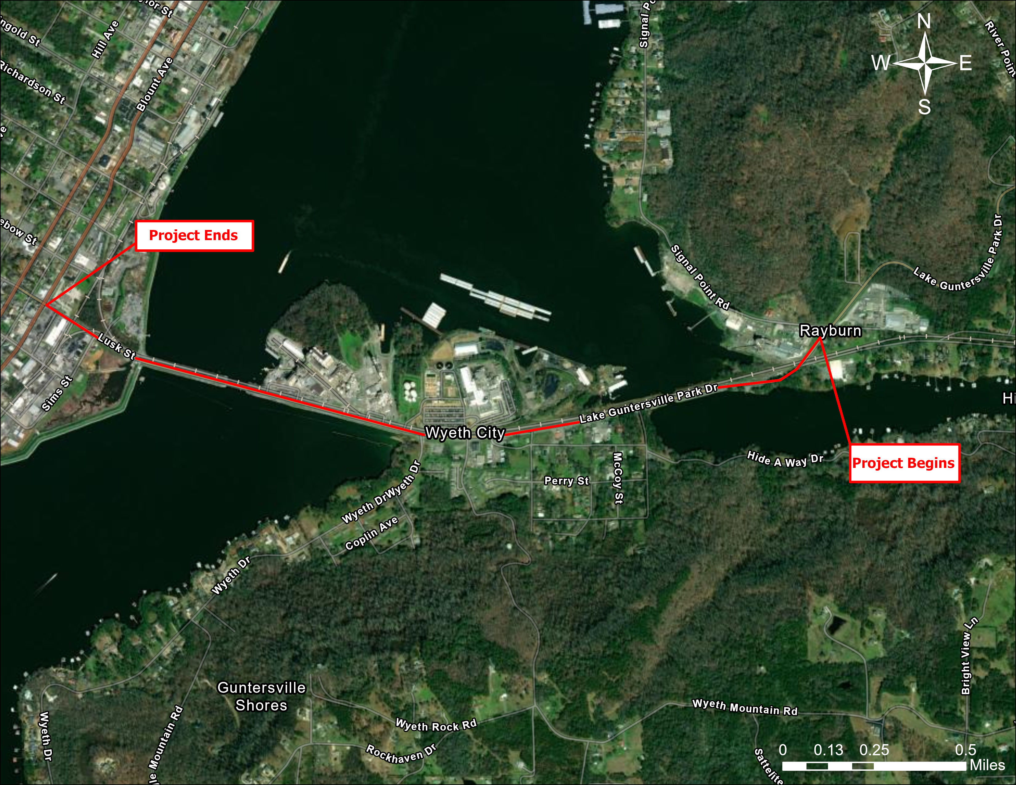 A map showing the location of the proposed road improvements. The project is located along AL-227 in south Marshall County.