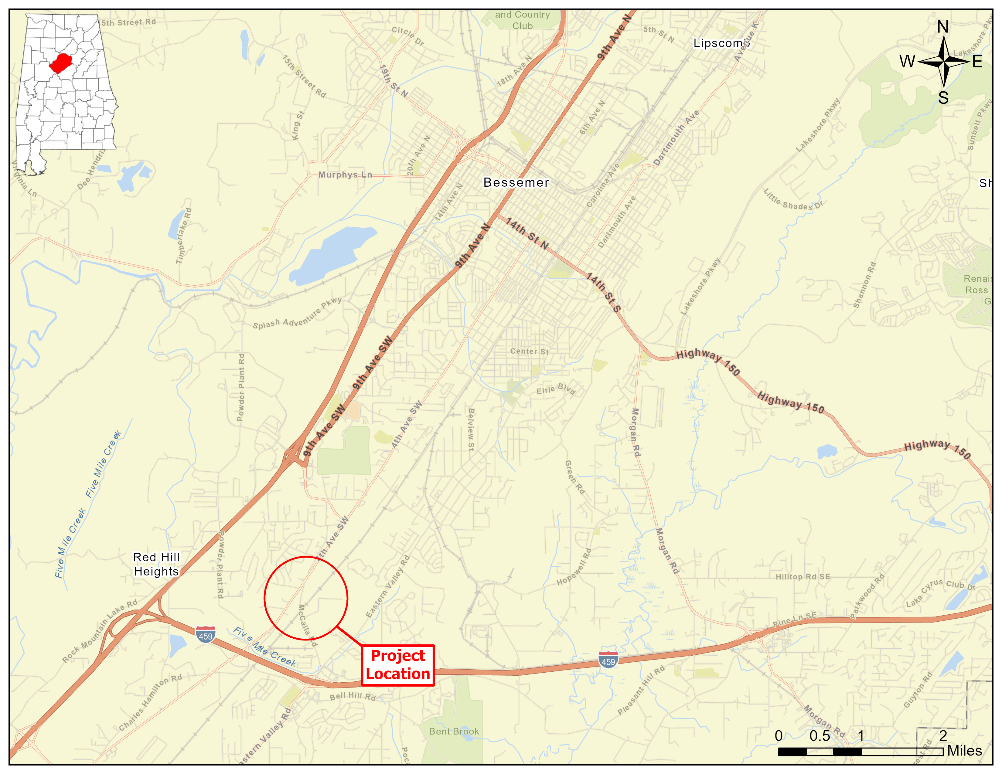 Map showing the location of the proposed project within the City of Bessemer with a red circle and text marking the area as the project location.  The project is located on the southern end of Bessemer along CR-337/McCalla Road. 
